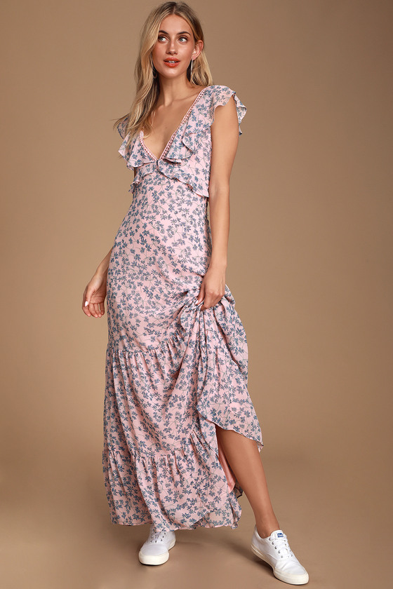 Cute Blue and Pink Maxi Dress - Floral ...